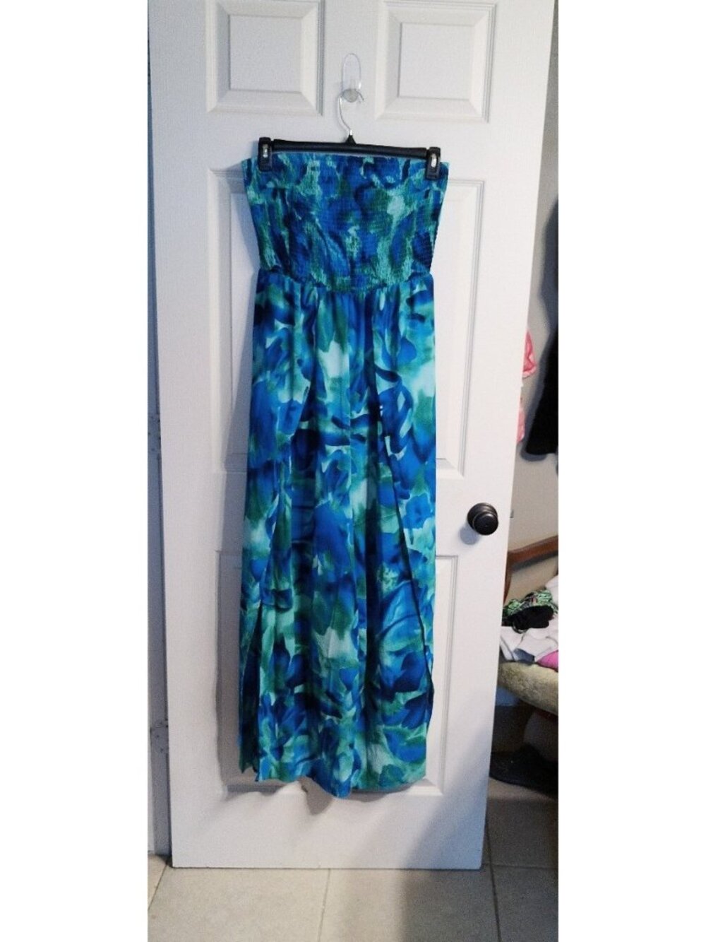 Shein Blue tropical Floral Strapless Cutaway Leg Jumpsuit XL
